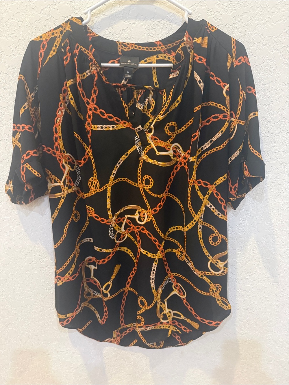 Worthington Black Chain-Print Short-Sleeve Blouse with Gold & Orange Links